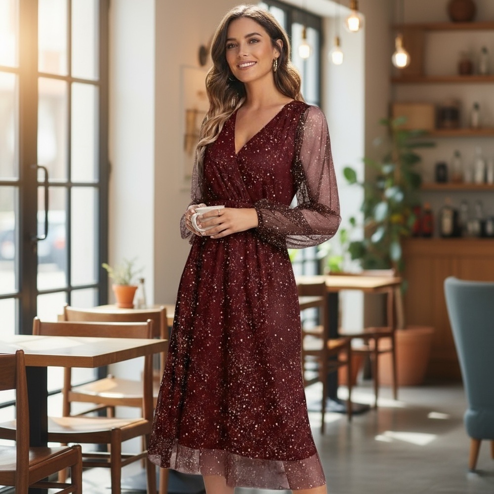 Women’s Shiny Mesh Lantern Sleeve Dress - Picture 4 of 13